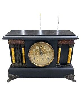 Antique Sessions Black Mantel Clock Ornate Gold Columns Gong Pendulum 16.75”